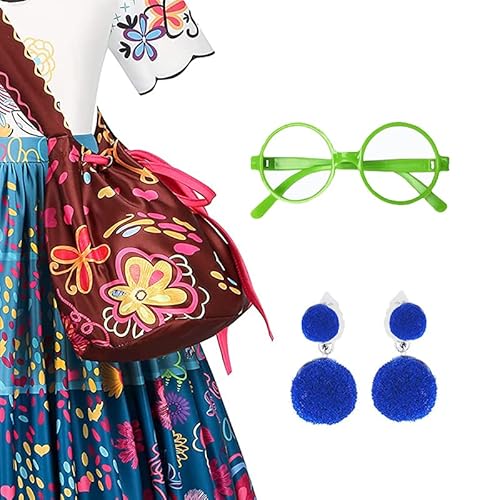 Pashals Mirabel Dress For Girls, Mirabel Costume Dress Up For Kids, Halloween Cosplay Outfits With Glasses And Clip Earrings, 5-6 Years #TOP3