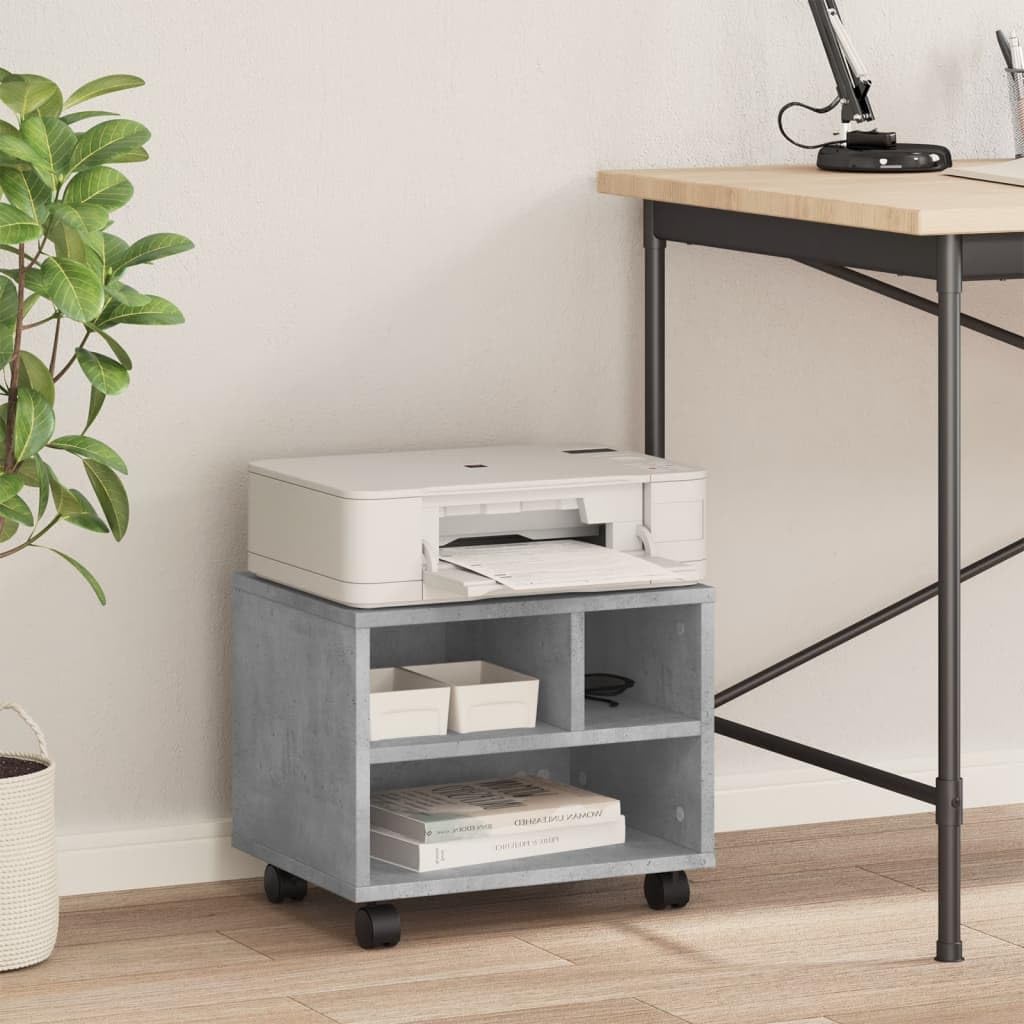 Générique Supporto per stampante con ruote grigio cemento 41 x 32 x 34,5 cm, ripiano in legno di ingegneria resistente all'umidità, spazio di archiviazione per cartelle e forniture per ufficio, 4