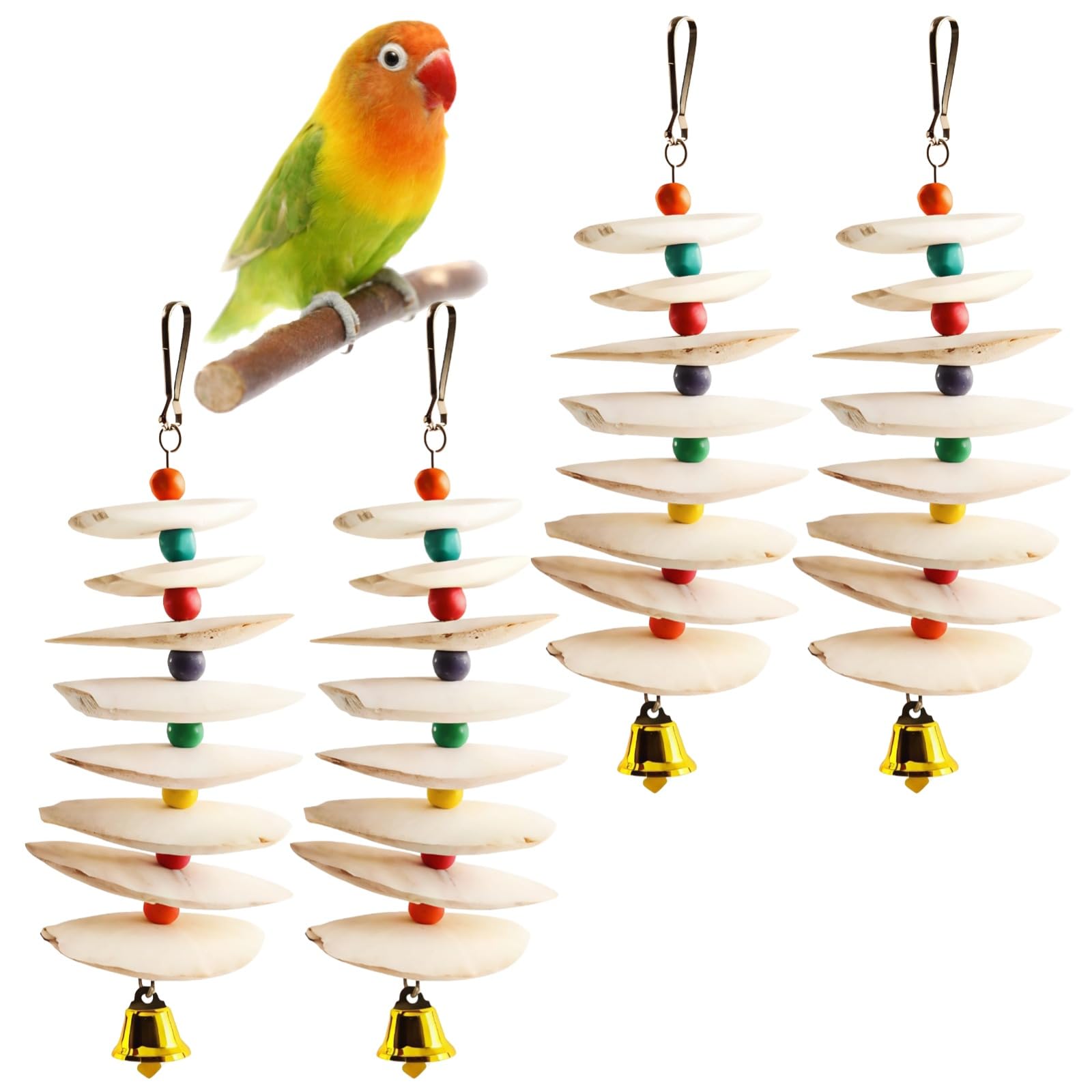 Lot de 4 os de seiche pour oiseaux, 32 cm, jouets à suspendre avec clochette, pierre naturelle pour le bec, poncés et dessalés, jouet à mordiller avec apport en calcium pour petits et moyens oiseaux
