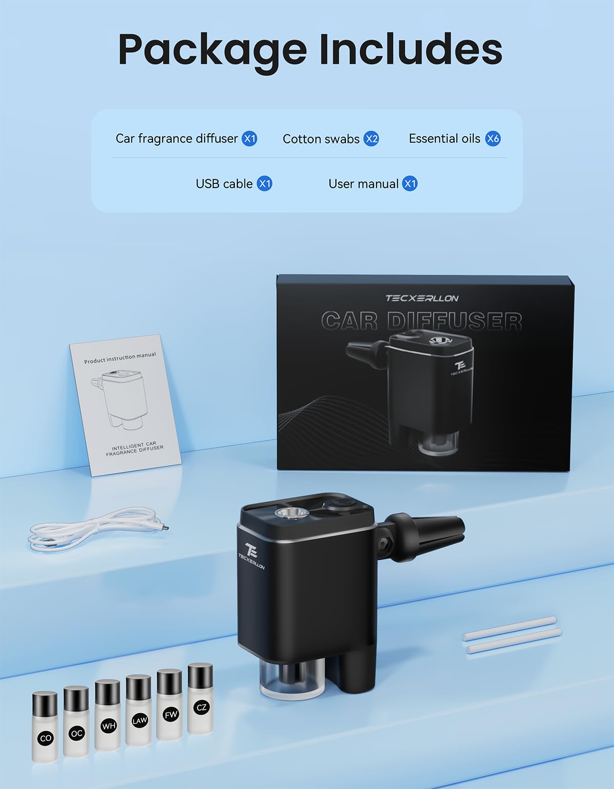 TECXERLLON Diffuseur de Parfum Intelligent pour Voiture avec 6 Parfums (Cologne/Océan/Bois Floraux/Thé Blanc/Lavande/Yuzu), 3 Modes, 3200 Utilisations, Rotation 180°, Allumage/Arrêt Automatique