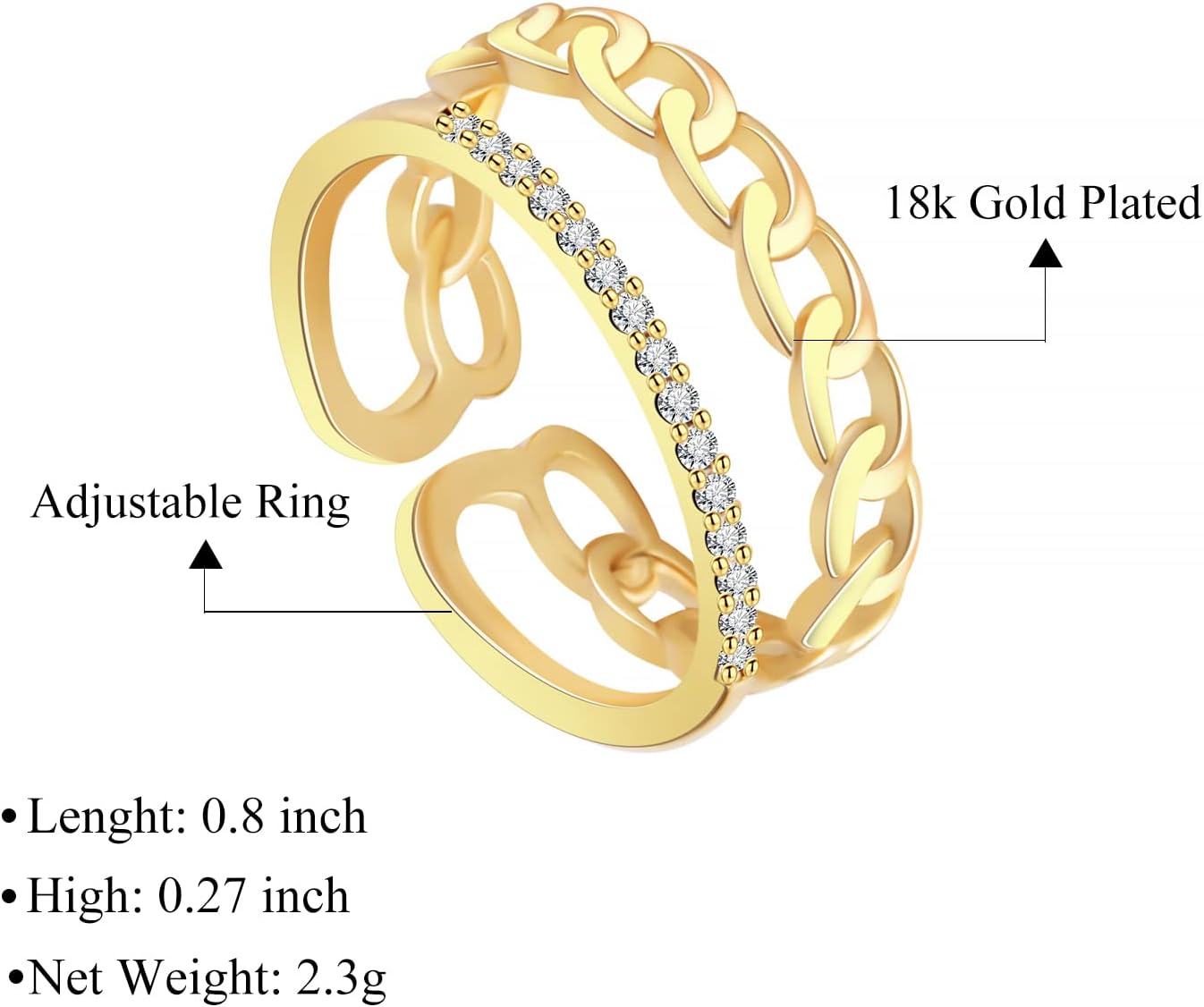 18K Plated Gold Stacking Open Link Ring Cubic Zirconia For Women Girl Simple Eternity Bands Minimalist Jewelry - Image 3