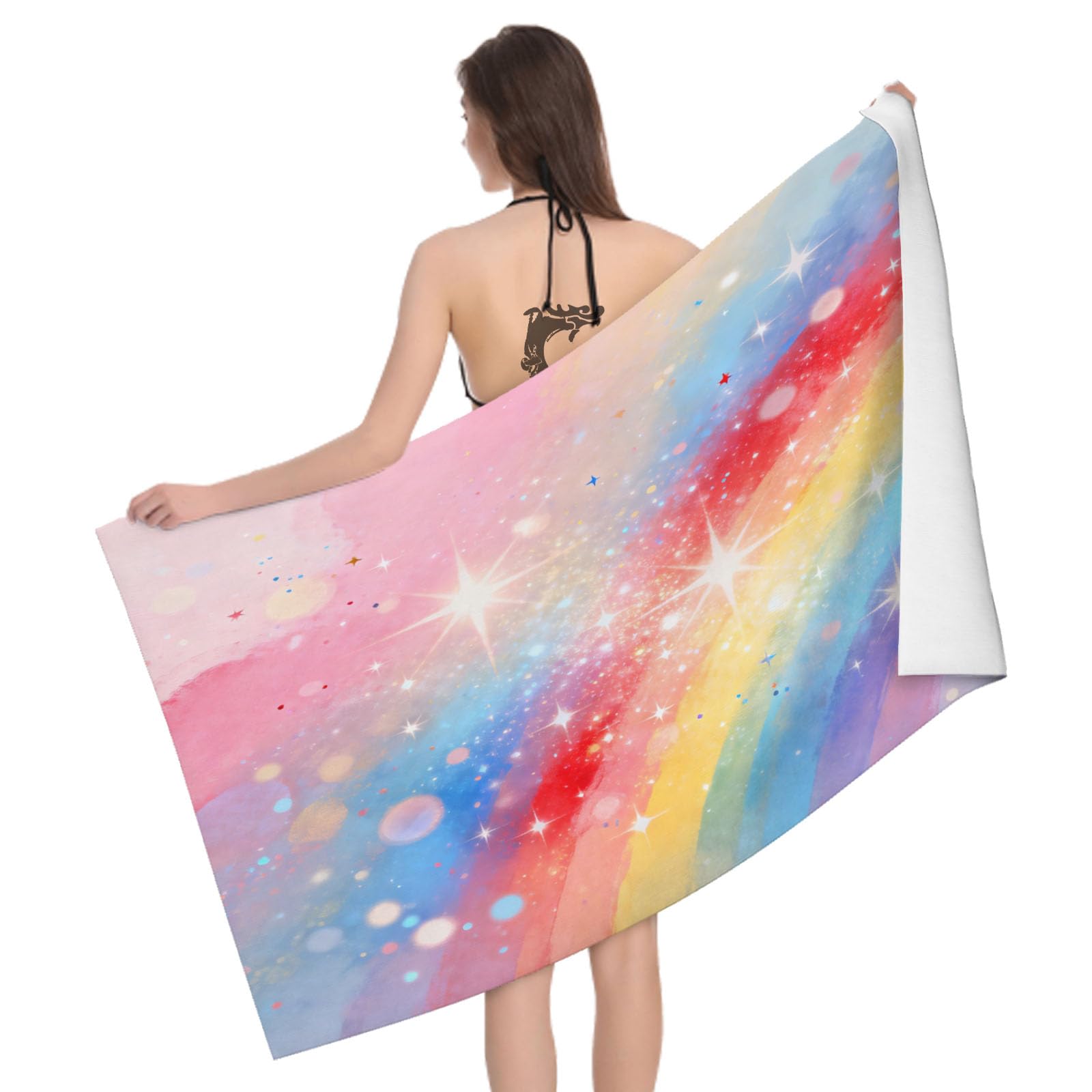 Leichong 3D Watercolor Rainbow Beach Towel Microfiber Soft Quick Dry for Adults, Dreamy Gradient Bath Towel Lightweight Soft Absorbent for Travel Swimming Pool Sports, 75 x 150 cm