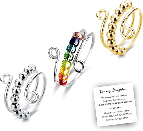 YANCHUN Anillo para ansiedad con cuentas para hija con cuentas para aliviar la ansiedad, anillos giratorios abiertos para hija, anillos de ansiedad,