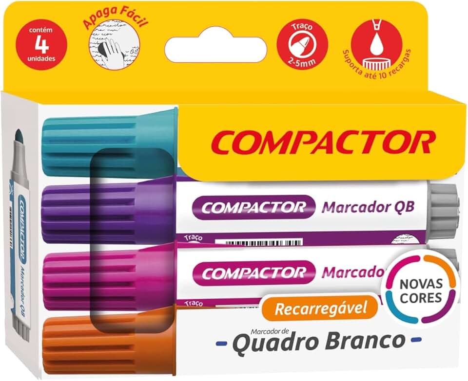 Pincel Quadro Branco, Compactor, QB Recarregável, Azul, Roxo, Rosa, Laranja