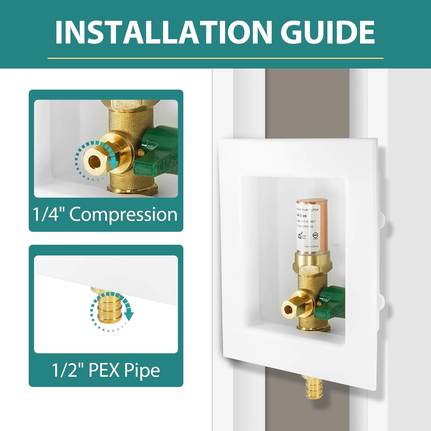 2-Pack Niikappu Ice Maker Outlet Box, 1/2 Inch PEX Crimp Inlet Connect, Ice Maker Box with Installed 1/4-Turn Ball Valve with Copper Water Hammer Arrestor(IM007-2Pack)