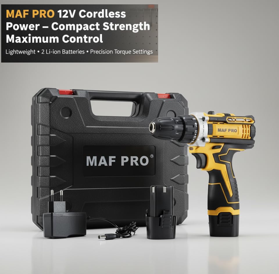 Image of MAF PRO CDLI12108 Cordless Drill Machine 12V, 10mm Keyless Chuck, 18+1 Torque Settings, Variable Speed, Drill Driver for Wood, Metal and DIY Home Use