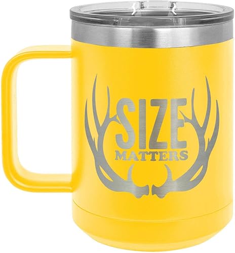 SIZE MATTERS Taza de café amarilla de 15 oz con tapa deslizante Taza de café de viaje aislada Ideas de regalos de cumpleaños o Navidad de mujeres