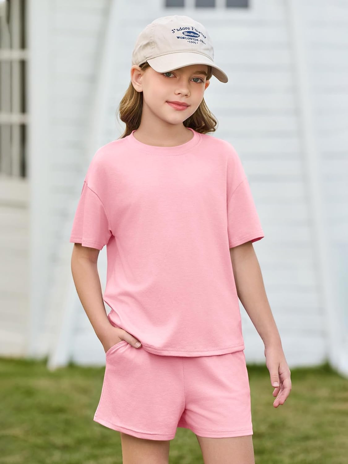 Haloumoning Girls Summer 2 Piece Outfits Kids Oversized T Shirts and Shorts Clothing Sets 5-14 Years - Image 4
