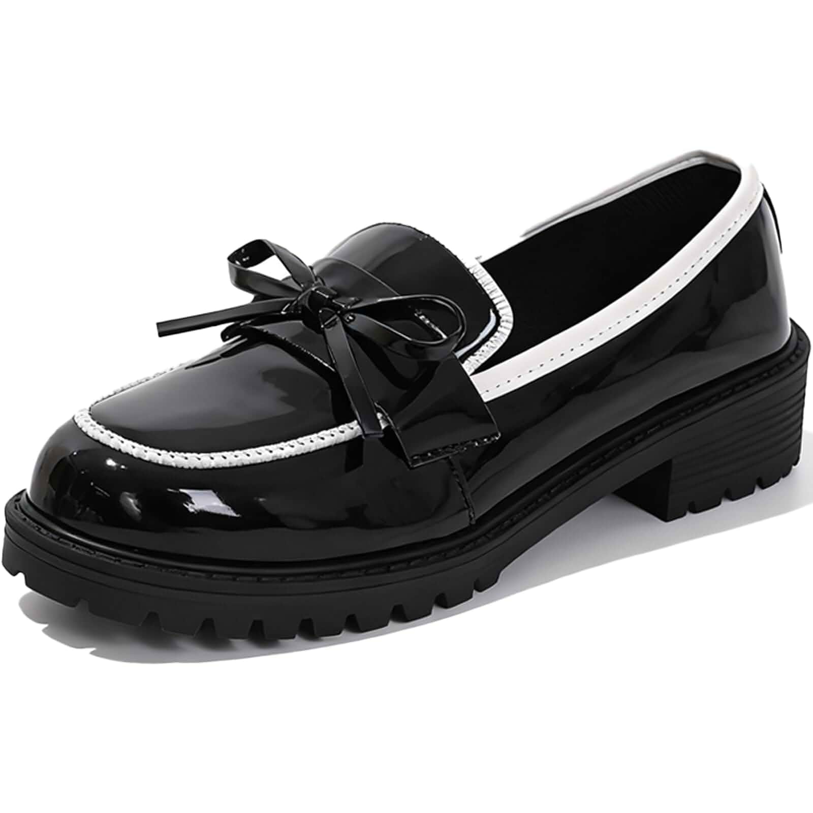 Bow Loafers for Women's Patent Leather Chunky Heel Dress Shoes Elegant Round Toe Platform Non-Slip Lug Sole Casual Work School Shoes for Business Office Everyday Wear