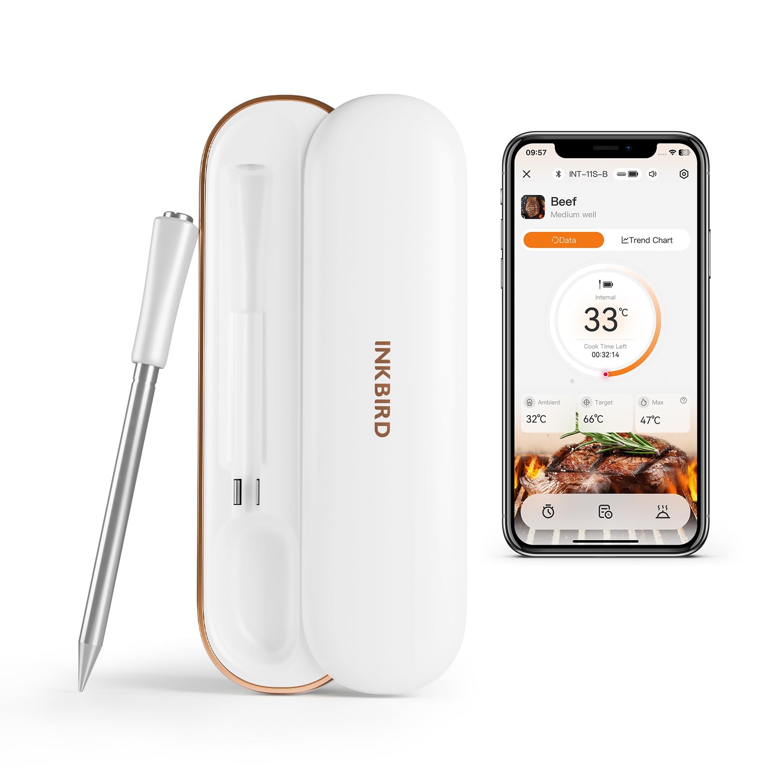 Inkbird INT-11S-B Fleischthermometer Kabelloses, Grillthermometer Bluetooth Multi-Sensor Bratenthermometer, Meat Thermometer mit Kochzeit-Schätzer für Backofen Grill BBQ Smoker Küche Rotisserie