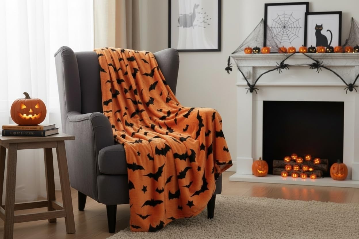 Halloween Blanket Throw: Black Bats on Orange, Soft Velvet Fleece for Sofa Bed Couch Chair Dorm