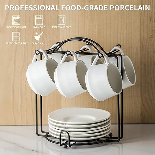 Miniatura 2 de YHOSSEUN Tazas de café expreso con platillos y soporte de metal, juego de 6 tazas de capuchino de 4 onzas, taza de té para fiesta de té, color blanco