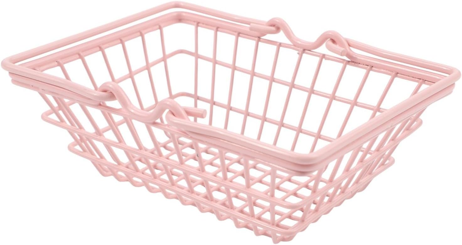 for mini Pink Storage Basket Desktop Organizer for Cosmetics, Jewelry, and Small Items, Iron Bin with Decorative Bow Ribbon for Home Office Use(Small)