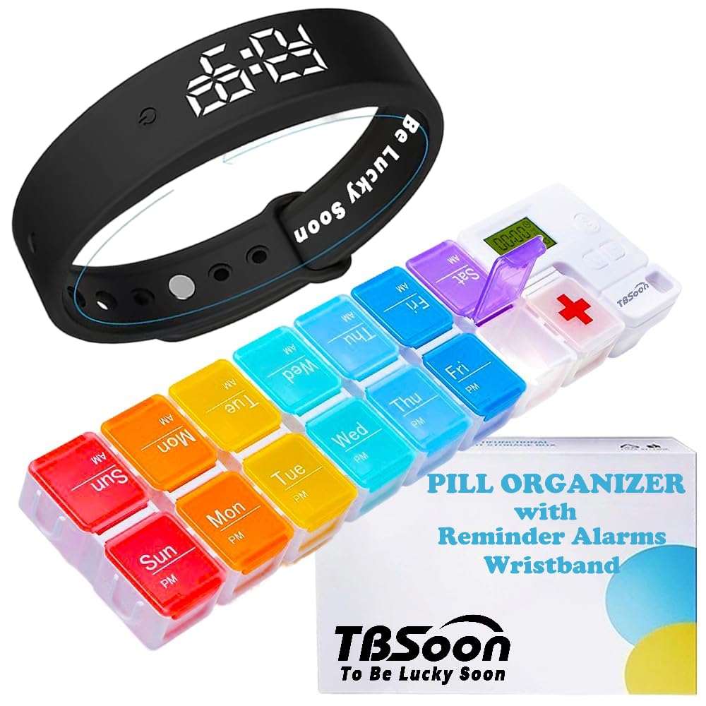 Pilulier TBSoon 7 jours avec bracelet alarme et rappel de prise de médicaments, 14 grands compartiments, résistant à l'humidité, bracelet alarme vibrante silencieuse et puissante, pilulier/boîte à pil