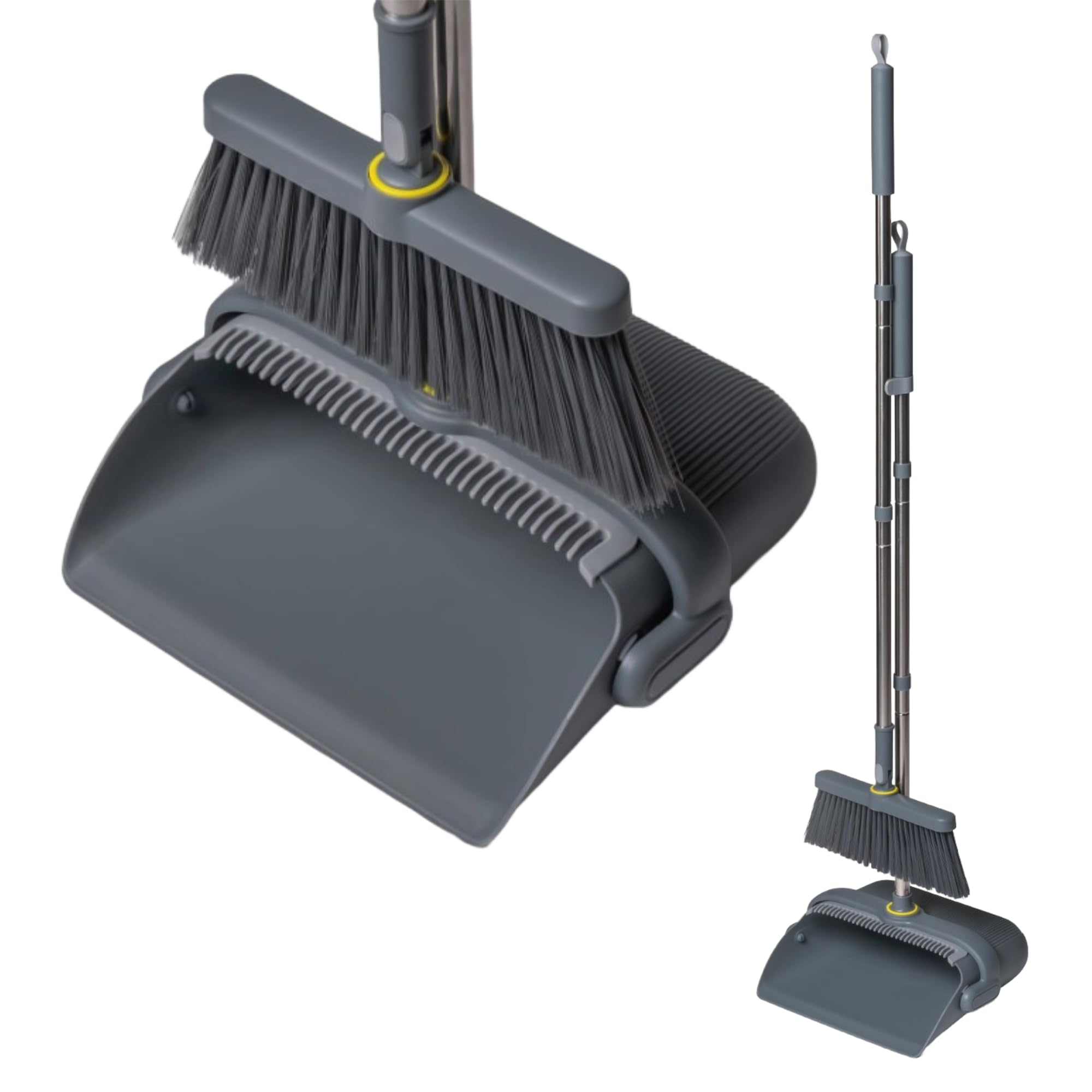 BonKaso Broom and Dustpan Set with Long Handle, Upright Standing Floor Broom and Jhadu with Self Cleaning Comb, Rubber Lip and Multilayer Bristles, Foldable Space Saving Indoor Cleaning Set