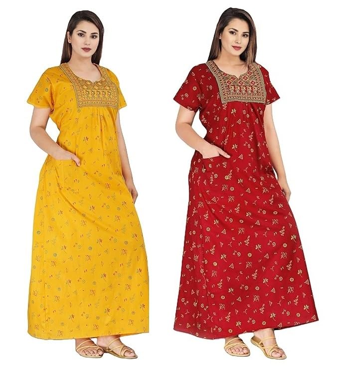 Women’s Cotton Embroidered Jaipuri Nighty Gown – Pack of 2 Rajasthani Print Maxi Night Dress with Pocket – Soft & Comfortable Ladies Sleepwear & Loungewear-image-19