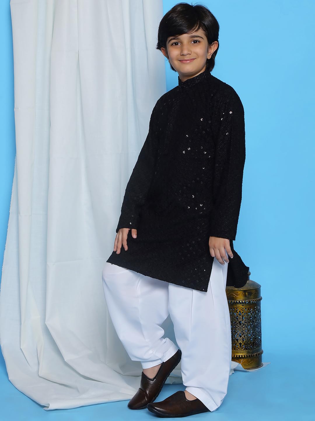 AJ DEZINES Boys Ethnic Kurta Pajama Set | Cotton Full Sleeve Chikankari Kurta with Sequins | Traditional & Festive Outfit | Mandarin Collar, Regular Fit | Special Occasion Outfit for Kids | BLACK-7 - Image 5 thumbnail