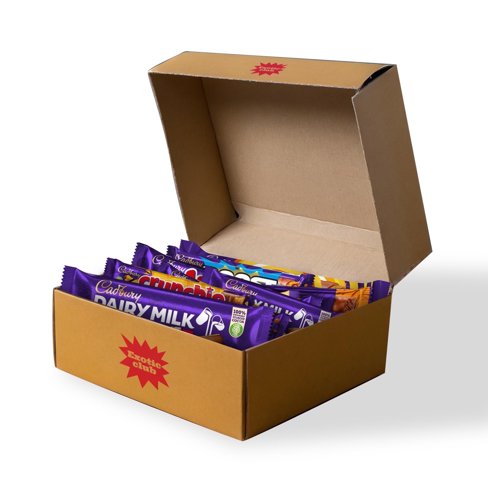 Exotic Club British Chocolate Bars Variety Box | 13 Full-Size Cadbury Candy Bars | Assorted British Snacks with Wine Gums, Flake, Dairy Milk, Boost Duo, Picnic, Fruit & Nut, Starbar, & More!