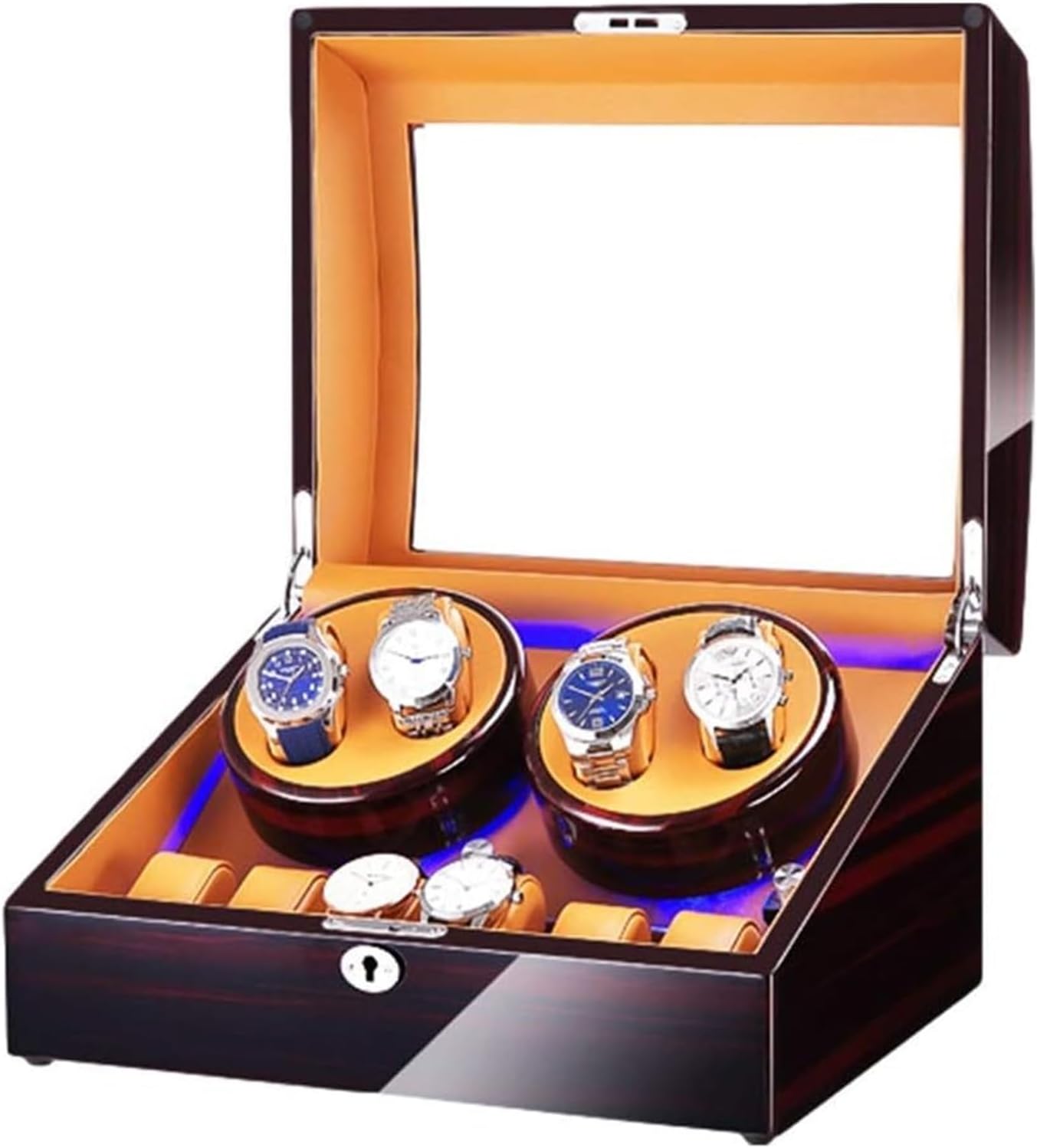 Watch Box Watch Winder Box for 4 Automatic Watch + 6 Storage Space with Blue LED Light Piano Paint Finish Dual Power Supply Accessories Watch Case