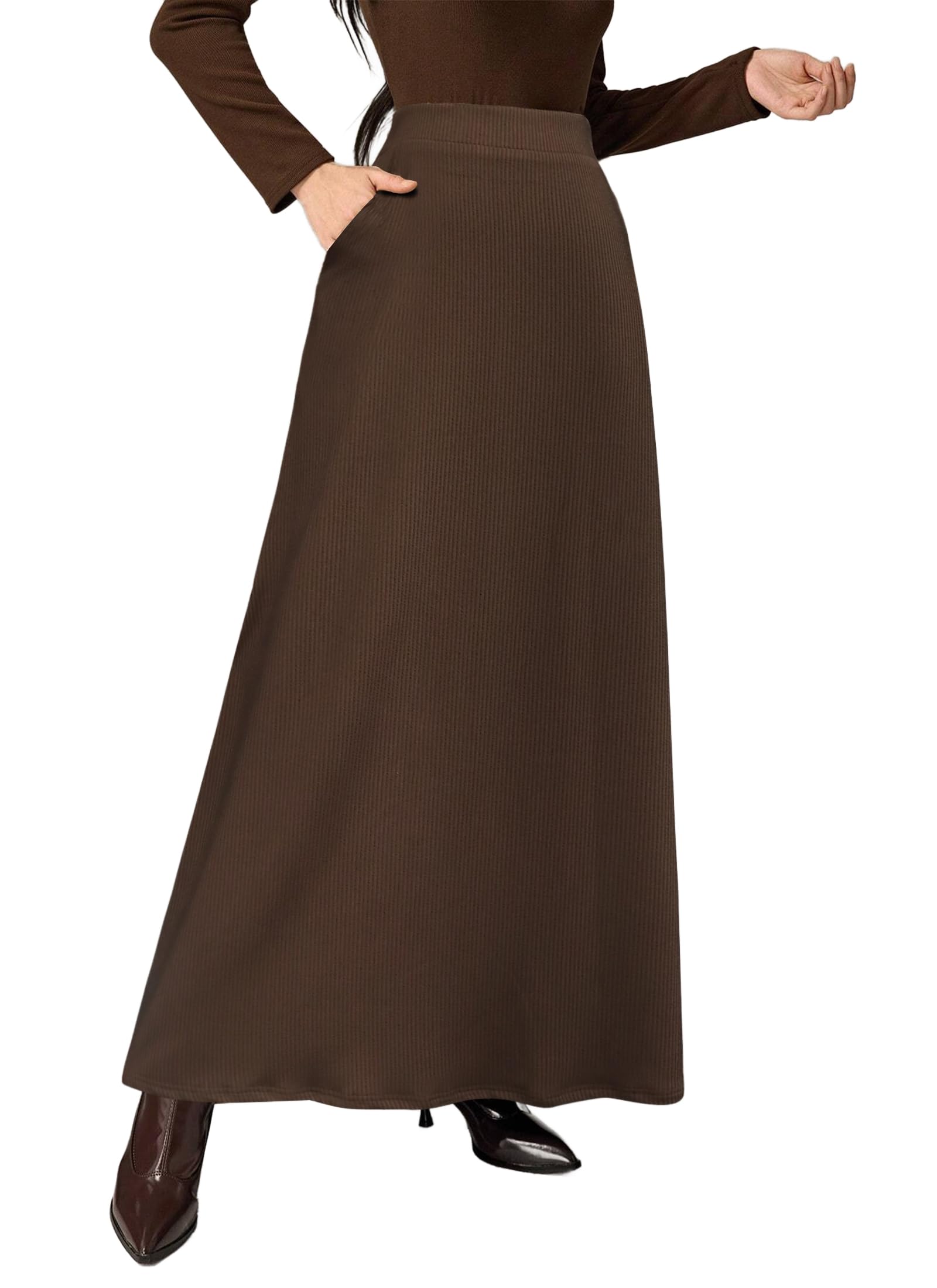POPZONE Womens Knit Maxi Skirt Fall Winter Casual Ribbed Long Skirts with Pockets Elastic High Waist Elegant Office
