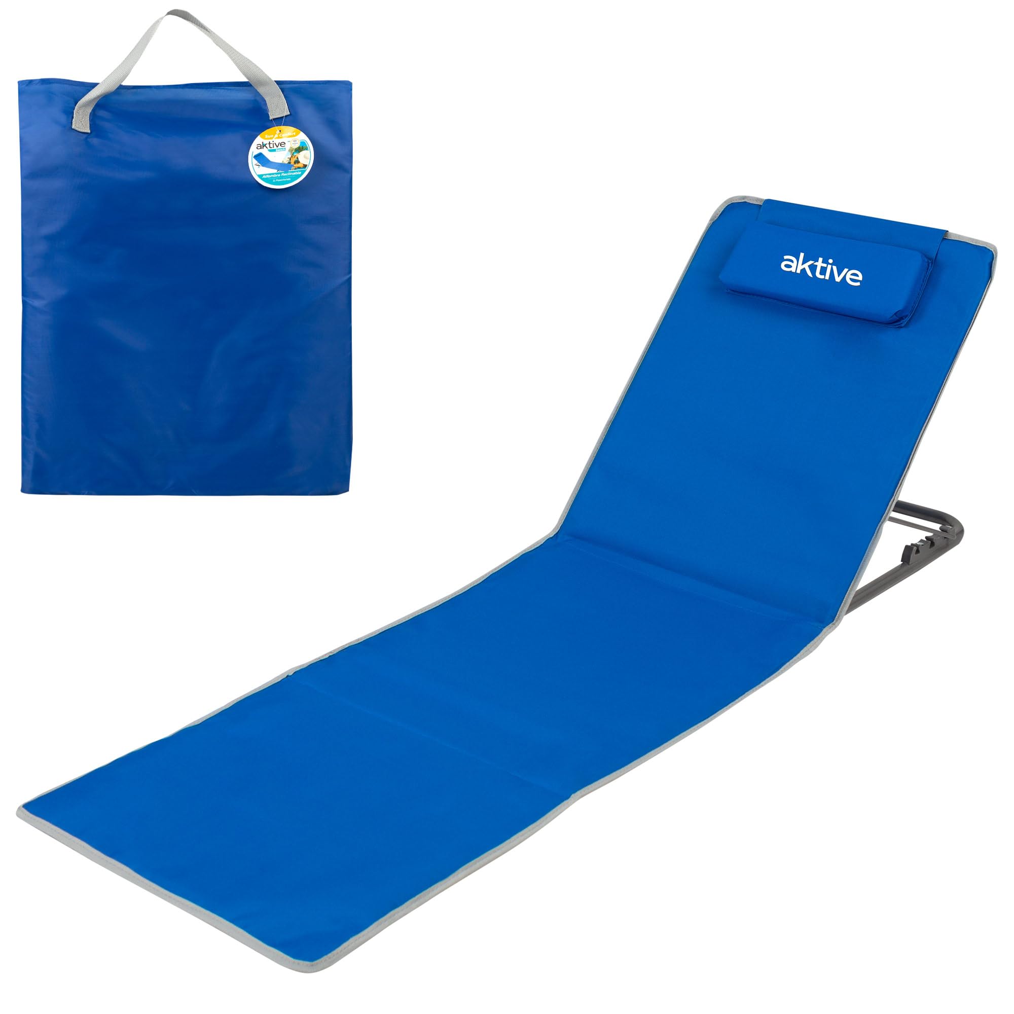 Aktive 62639 - Mata plażowa z oparciem, wymiary 48 x 130 x 43,5 cm, składane oparcie plażowe z torbą do przenoszenia i wbudowanym uchwytem, pikowana poduszka plażowa 2 pozycje