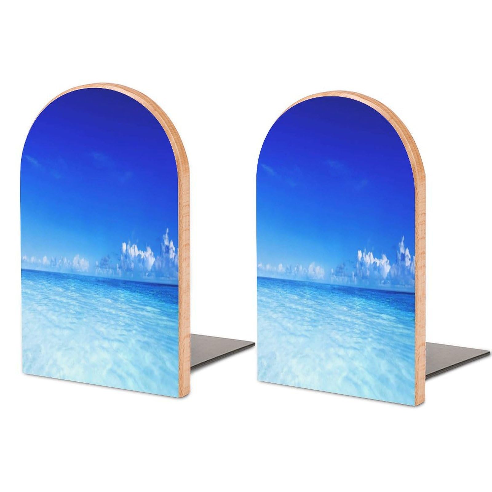 Ocean Scenery Deep Sea Beach Hot Summer Themed Photo Beech Wood Bookends Heavy Duty Book Organizers Desktop File Holder for Office Home Bookshelf