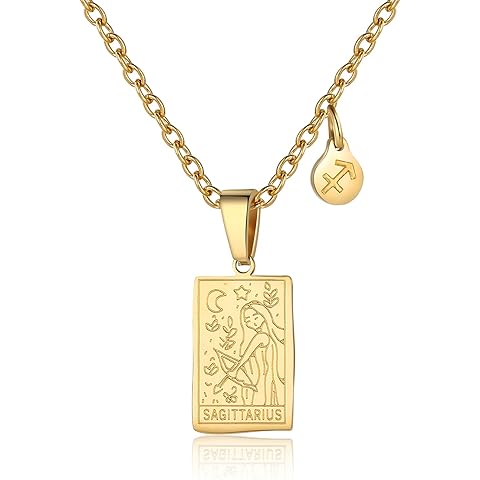 Zodiac Sign Necklace for Women Constellation Tarot Card Pendant Double Sided Gold Stainless Steel Waterproof NonTarnish Friendship Jewelry Gift