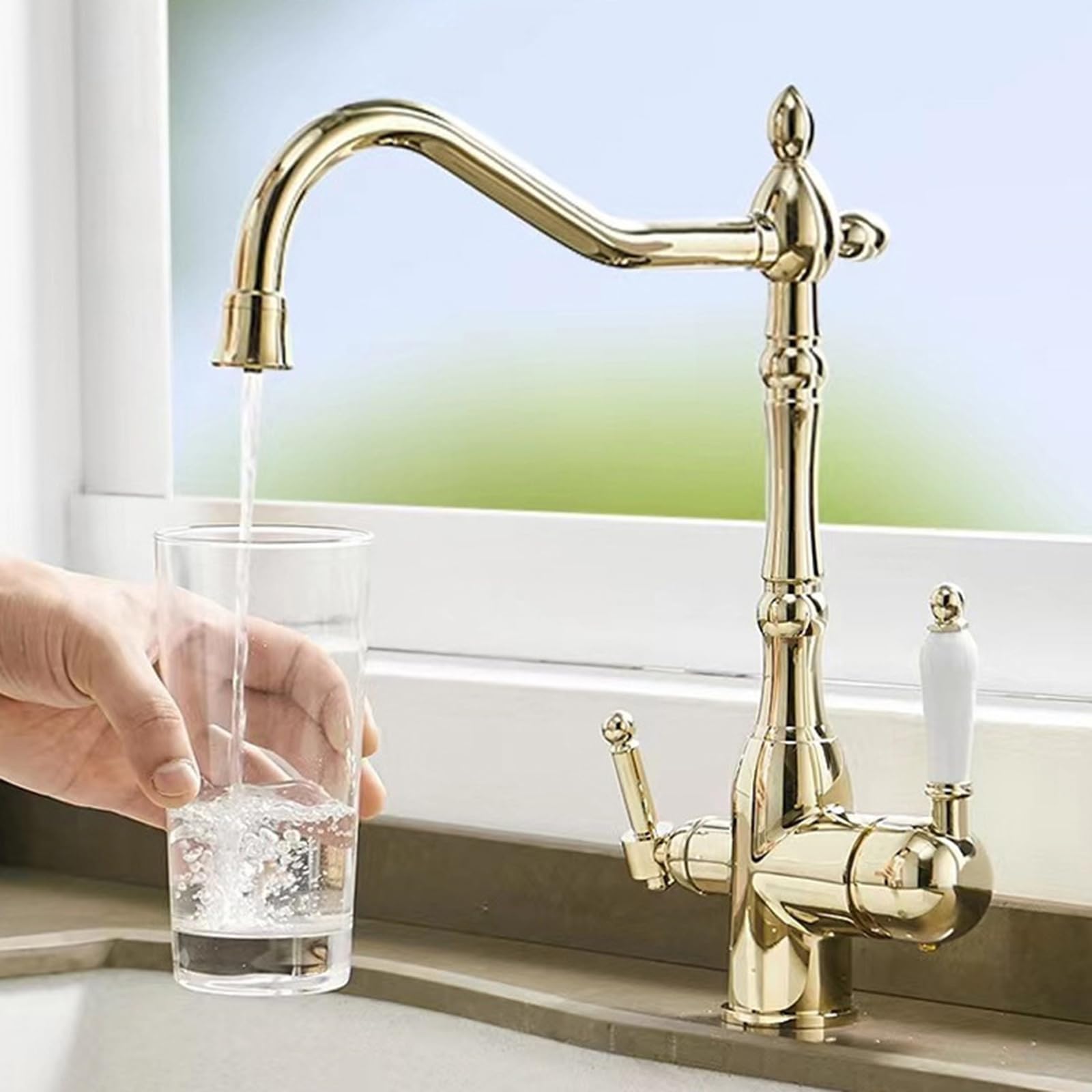 XJTNLB 3 Way Kitchen Mixer Tap with Drinking Filtered Water Outlet Dual Lever Sink Taps for Kitchen Gold