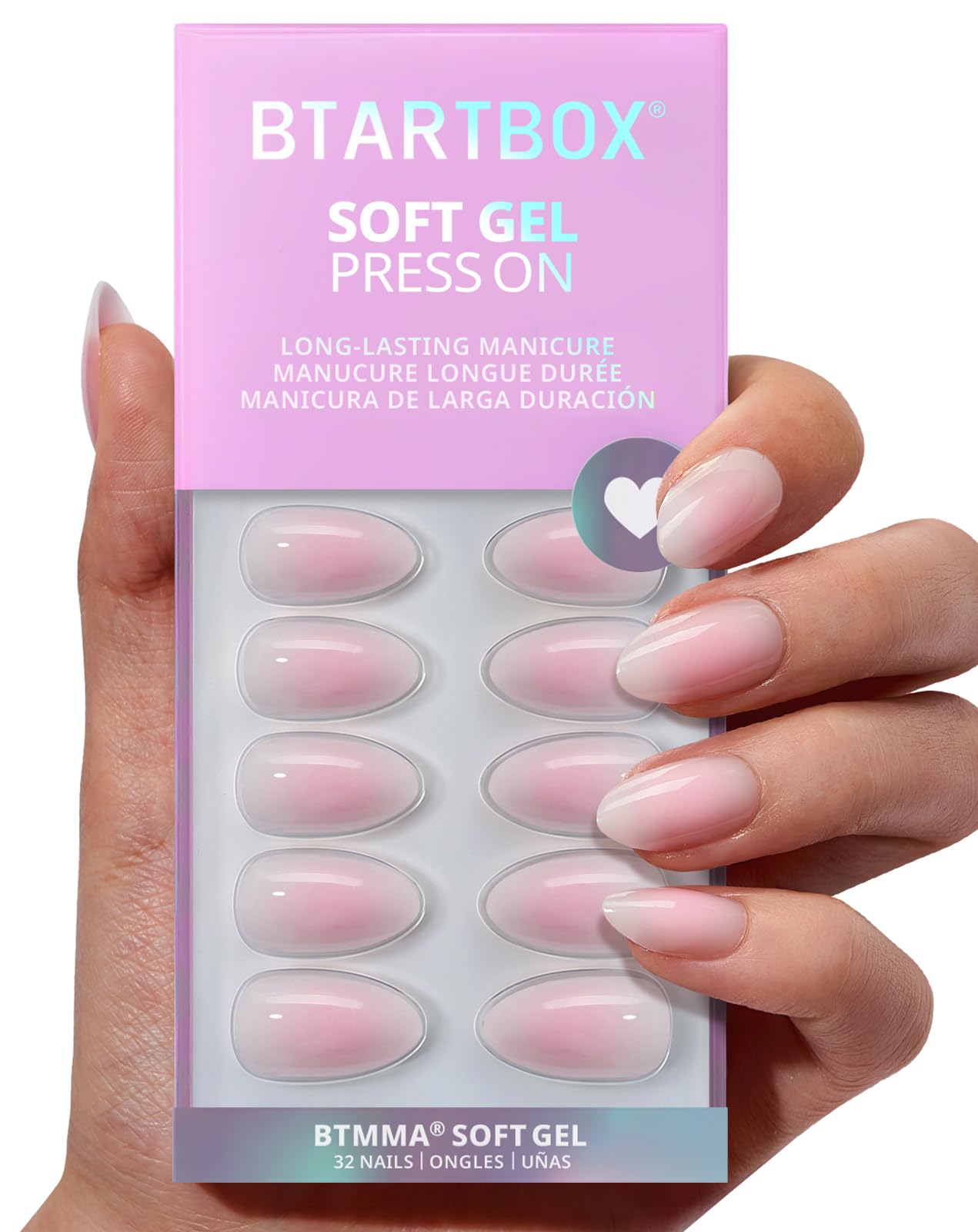 BTArtbox Press On Nails Short - Pink Ombre Mandal Press On Nails mit Kleber für Frauen, Opaque Nägel Zum Aufklebenin 16 Größen - 32 Gel Nägel Set, Love Letter