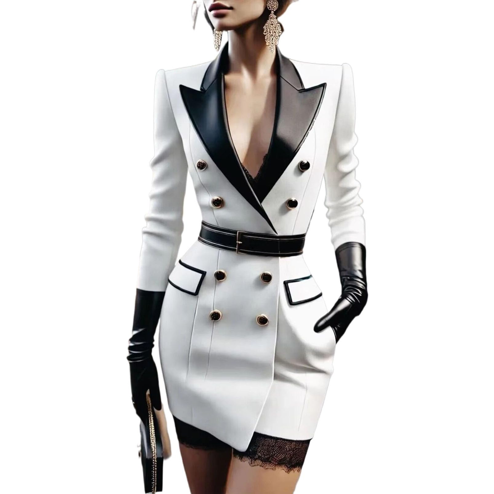 Women Double Breasted Lapel Blazer Dress Formal Evening Office Coat White L