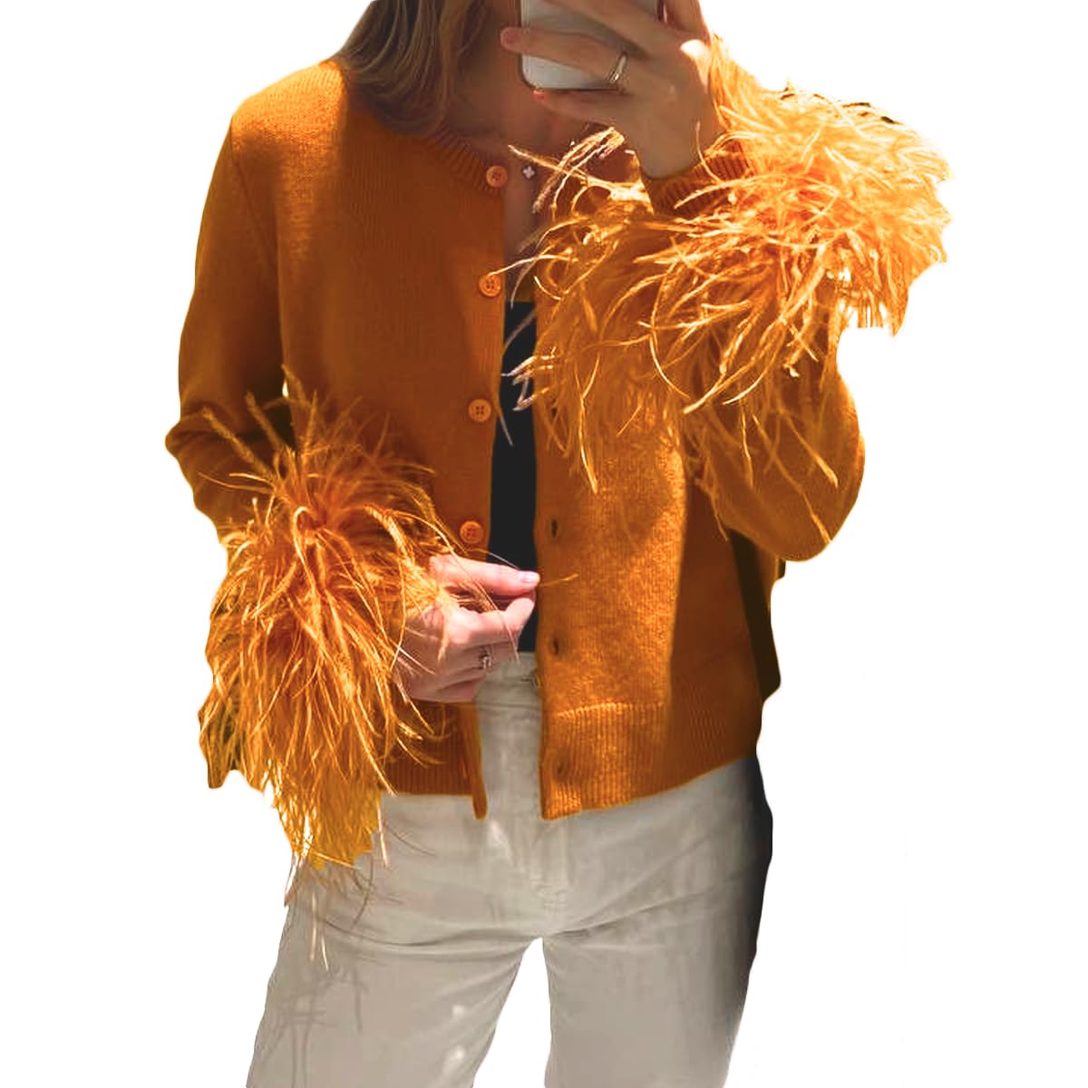 Women Feather Trim Cuff Sweater Cardigan Faux Fur Long Sleeve Knit Solid Color Button-up Crop Cardigan Streetwear