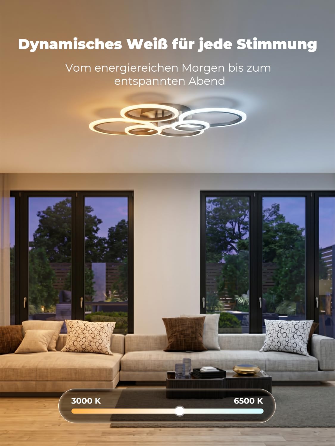 Deckenlampe Led mit Fernbedienung & APP, Decken Lampen mit 6 Ring, Dimmbar, Licht Memory Funktion mit Timer, Moderne Deckenleuchte Rund Wohnzimmer Flur Schlafzimmer, Schwarz