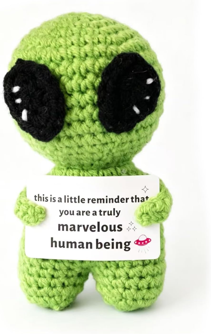 Anjobi Crochet Alien Doll White Sweater with Motivational Card Cute Collectible Figure (Doll T Green)