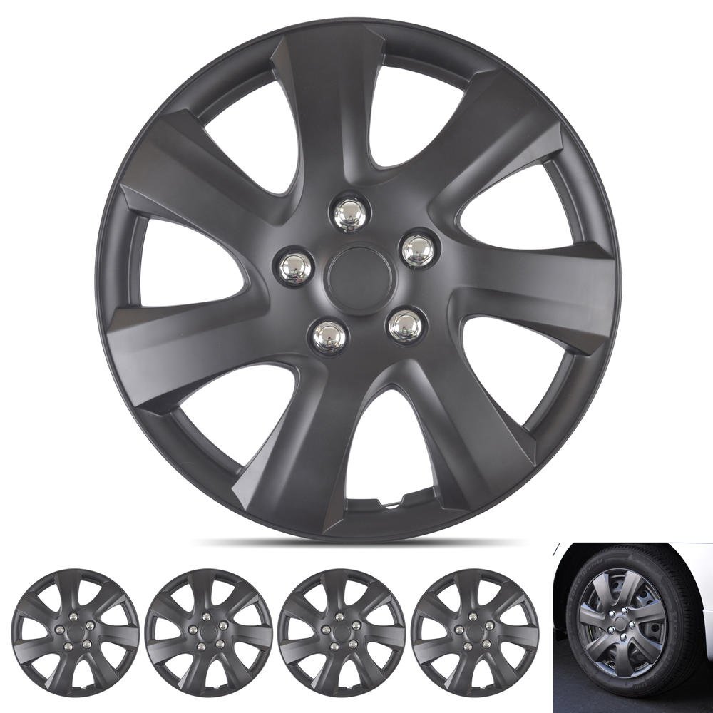 BDK Matte Black Hubcaps Wheel Covers for Toyota Camry 2006-2014 (16 inch) – Four (4) Pieces Corrosion-Free &amp; Sturdy – Full Heat &amp; Impact Resistant Grade – Replica Replacement (KT-1021-MBK)
