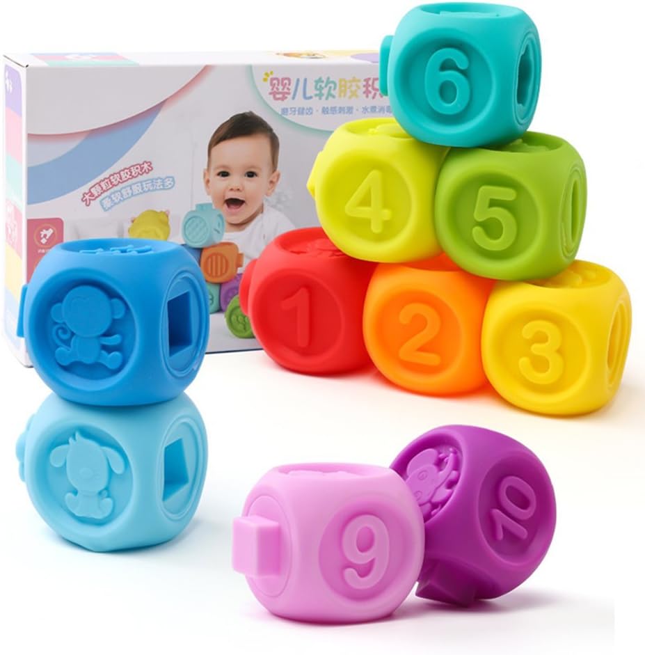 Aideal Soft Baby Teether Toy Building Blocks with Numbers, Shape & Animal Activity Toys Set for Ages 6-24months