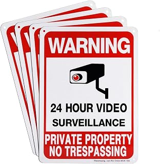 Sheenwang 4-Pack No Trespassing Signs - Private Property Video Surveillance Outdoor Aluminum 10x7 Inch, Rust-Free UV Printed Security Signs