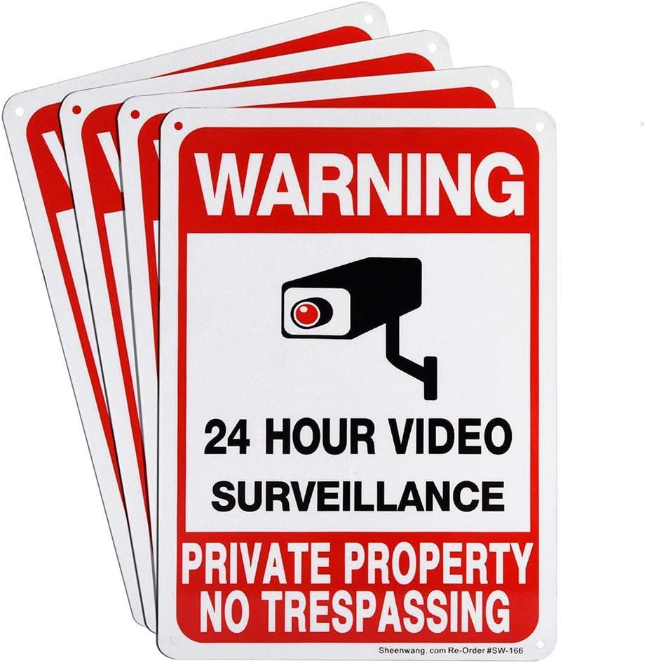 Sheenwang 4-Pack Private Property No Trespassing Sign, Video Surveillance Signs Outdoor, UV Printed .040 Mil Rust Free Aluminum 10 x 7 in, Security Camera Sign for Home, Business, Driveway Alert, CCTV