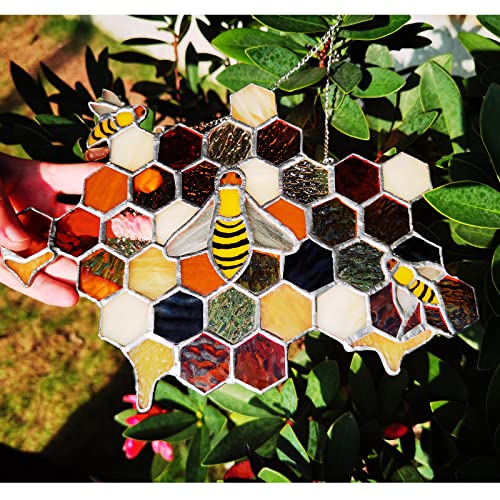 Large Honeycomb Sun Catcher, Handmade Bee Stained Glass Window Hanging #TOP4