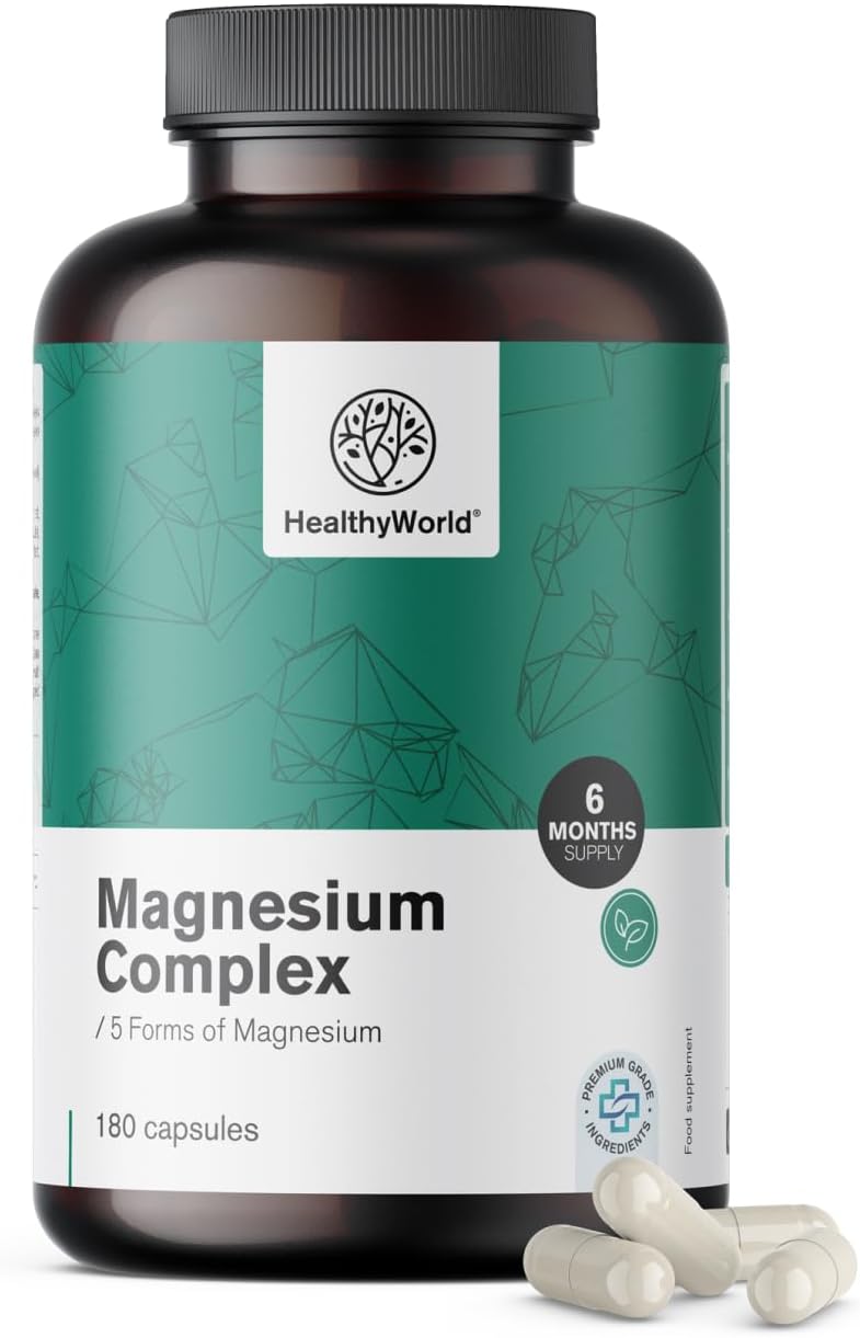 HealthyWorld Magnesium Complex - 180 Plant Capsules - 5 Shapes Magnesium Oxide Citrate Bisglycinate Malate and Ascorbate - Support for Muscle Bones and Nervous System - 6 Month Supply