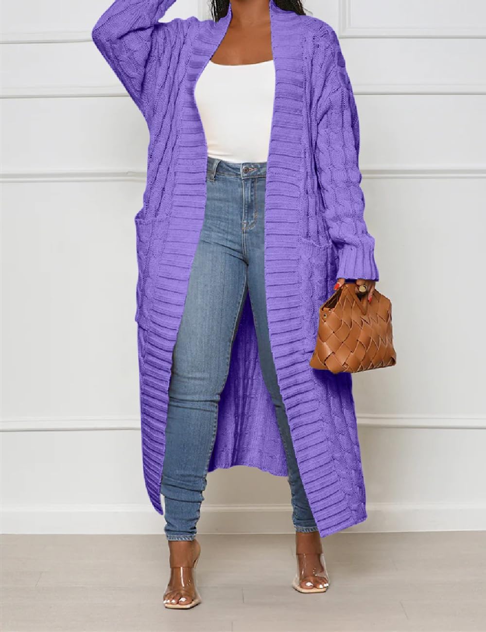 A ADILACA Women's Thin Type Stylish Cable Knit Cardigan with 2-Pockets, Women's Extra Long Ankle Length Sweater - Image 2