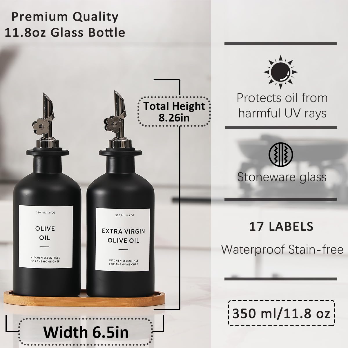 HOMCDALY Olivenölspender für die Küche, 340 ml, Glas-Küchenspenderflasche, schwarzes Öl- und Essig-Set, auslaufsichere Olivenölflaschen, 340 ml, Schwarz
