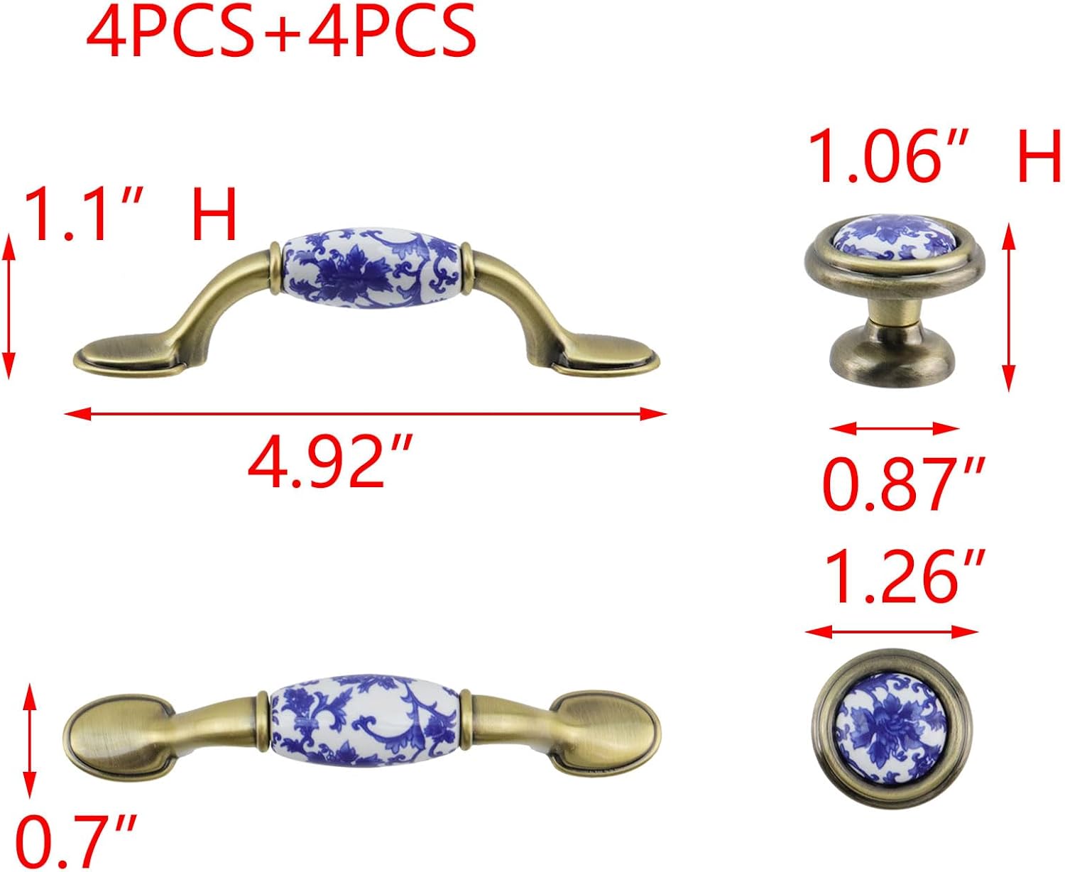 T Tulead Ceramic and Zinc Alloy Cabinet Pulls Knobs Blue and White Porcelain Handle Pull Single Hole Furniture Knobs, Drawer Pull 3-Inch Hole Centers, 4 Sets with Screws