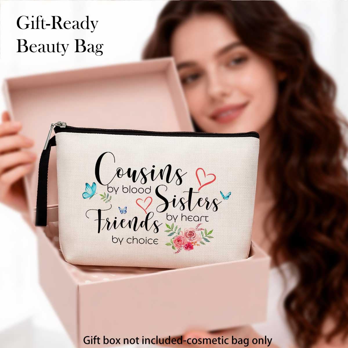Cousin Gifts for Women, Cousin Birthday Gift Cousins by Blood, Sisters by Heart, Friends by Choice hanksgiving Christmas Graduation Wedding Gifts for Women, Girl, Her Cousin Makeup Bag