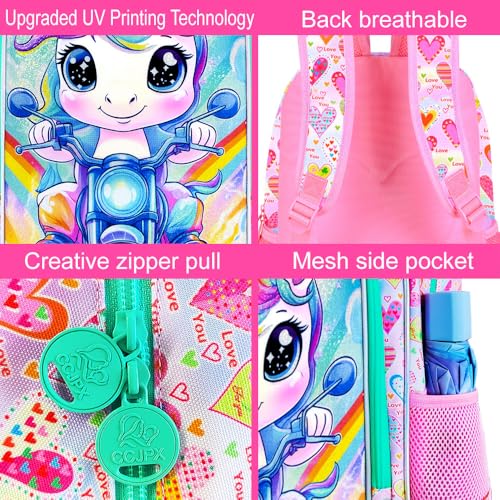 Image of HPJGD 3PCS Unicorn Backpack for Girls, Kids Biker Bookbag Set with Lunch Box, Cute Water Resistant Elementary School Bag for Preschool Toddler - Pink Unicorn Motorcycle