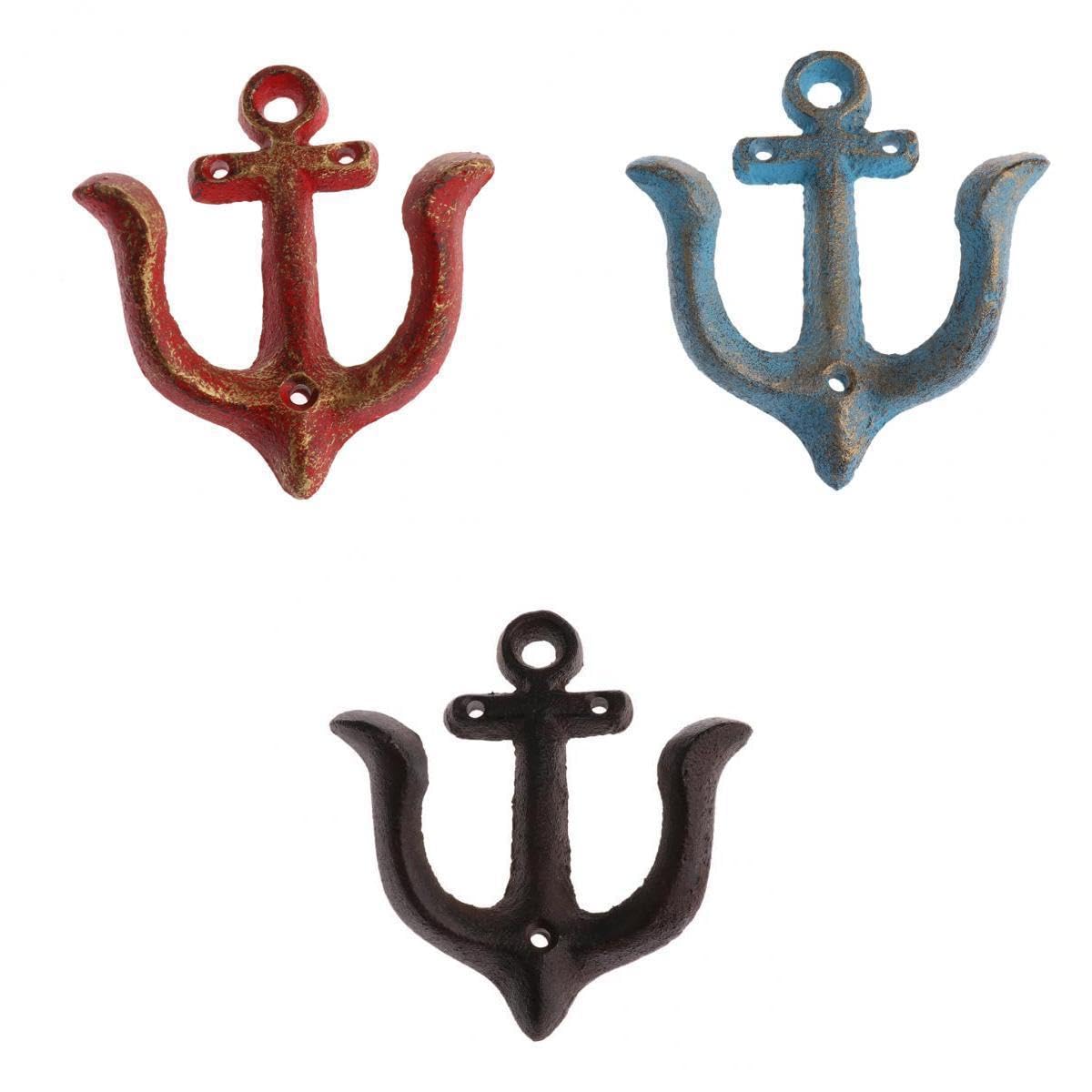 3 Pcs Cast Iron Double Wall Hook Hanger Vintage Anchor Shape Red Black Blue