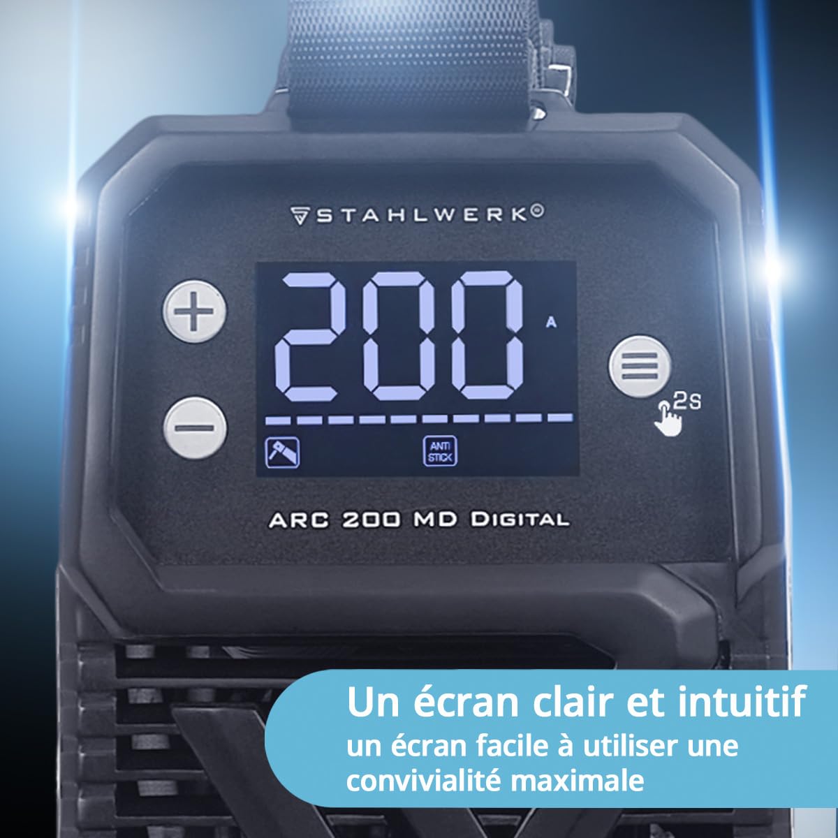 STAHLWERK Poste à souder à l'électrode ARC 200 MD Digital – MMA & Lift-TIG (DC) jusqu'à 200 A, utilisation flexible sans gaz, ARC-Force, Hotstart, Anti-Stick, Smart Cooling & protection surchauffe