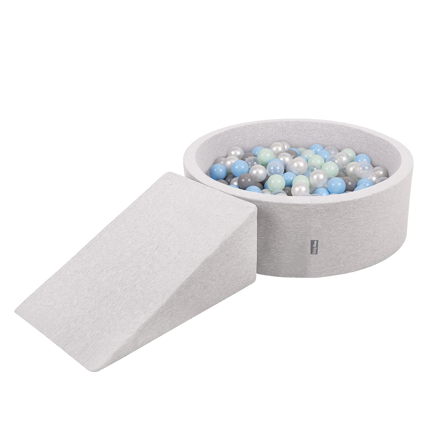 KiddyMoon Soft play set with ballpit 90x30cm and ramp 200 balls 7cm foam playground for babies and toddlers - Light grey: Pearl Grey Transparent Baby blue Mint