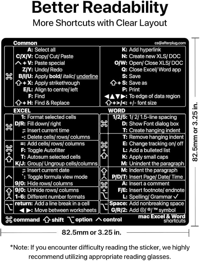 Mac Excel and Word Keyboard Shortcut Vinyl Sticker for