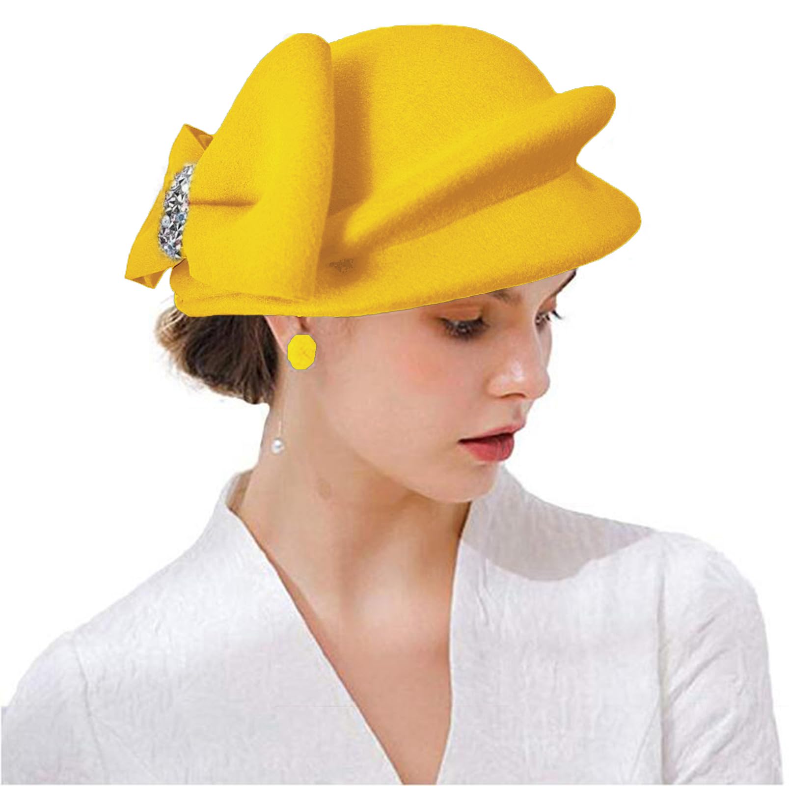 ORIDOOR Women Vintage 100% Wool Felt Flowers Bucket Cloche Bowler Hat Church Wedding Beret Hat, E13 Yellow, One Size