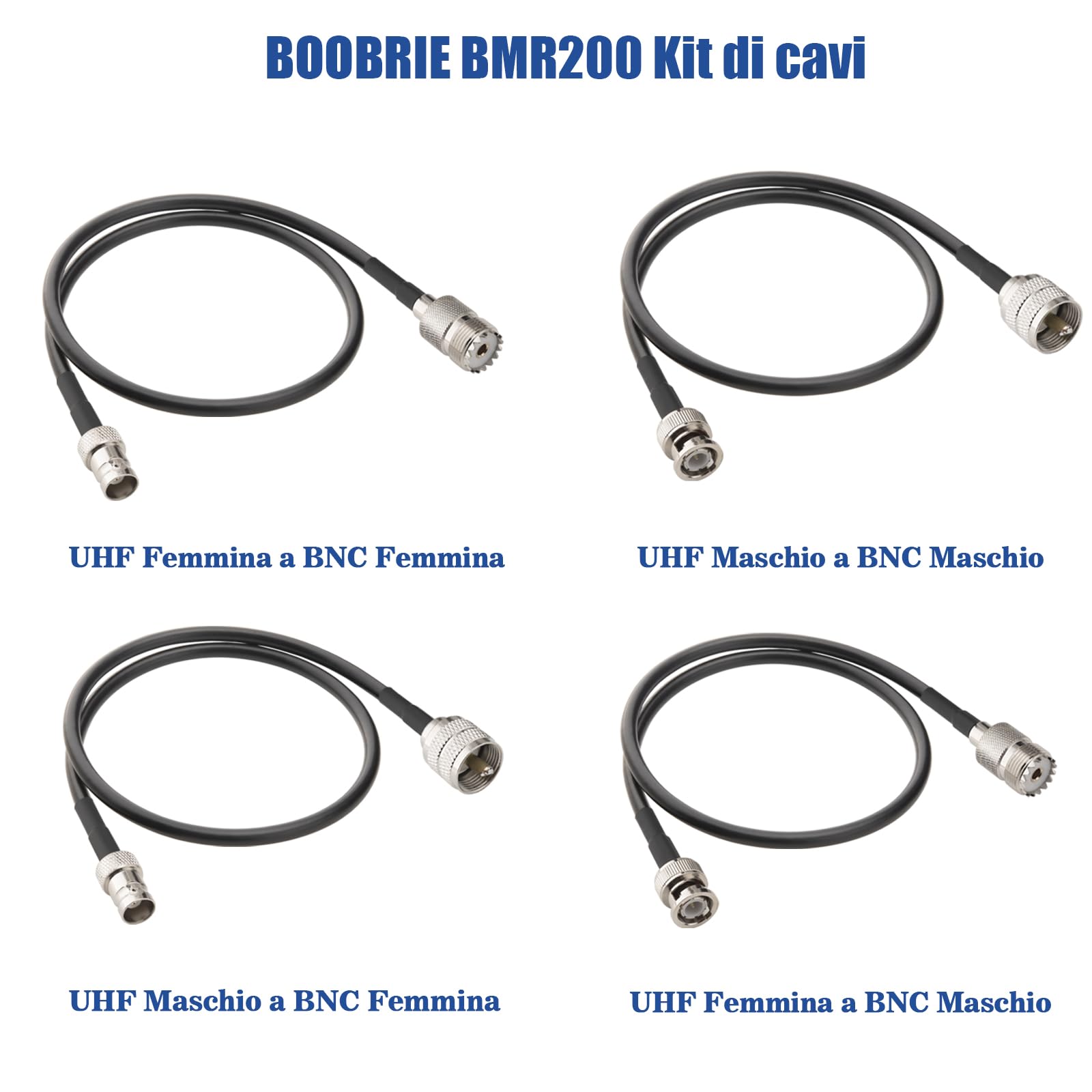 Kit 4 Cavi UHF a BNC - BMR200 Equivalente LMR200, 50 Ohm, Bassa Perdita, 50cm - Connettori PL259/SO239 Maschio/Femmina - Alta Qualità Professionale per Riceventi, Trasmissioni Radio, Antenne